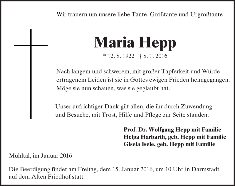  Traueranzeige für Maria Hepp vom 13.01.2016 aus trauer.echo-online.de