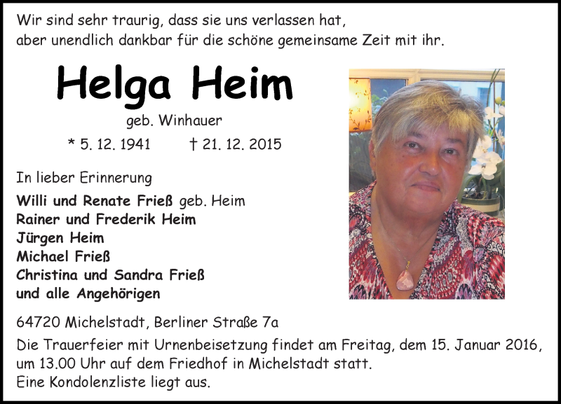  Traueranzeige für Helga Heim vom 06.01.2016 aus trauer.echo-online.de