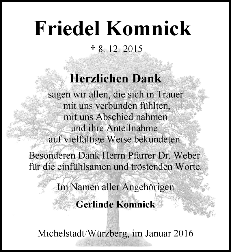  Traueranzeige für Friedel Komnick vom 16.01.2016 aus trauer.echo-online.de