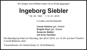 Traueranzeige von Ingeborg Siebler von trauer.echo-online.de