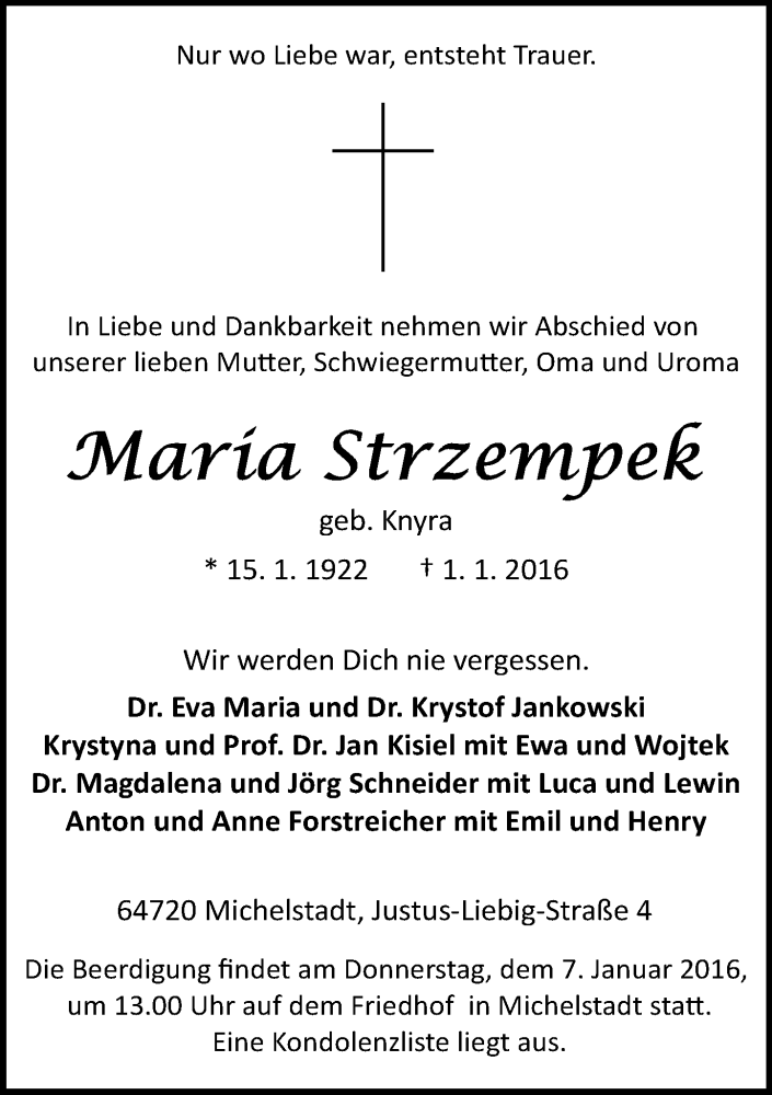  Traueranzeige für Maria Strzempek vom 05.01.2016 aus trauer.echo-online.de