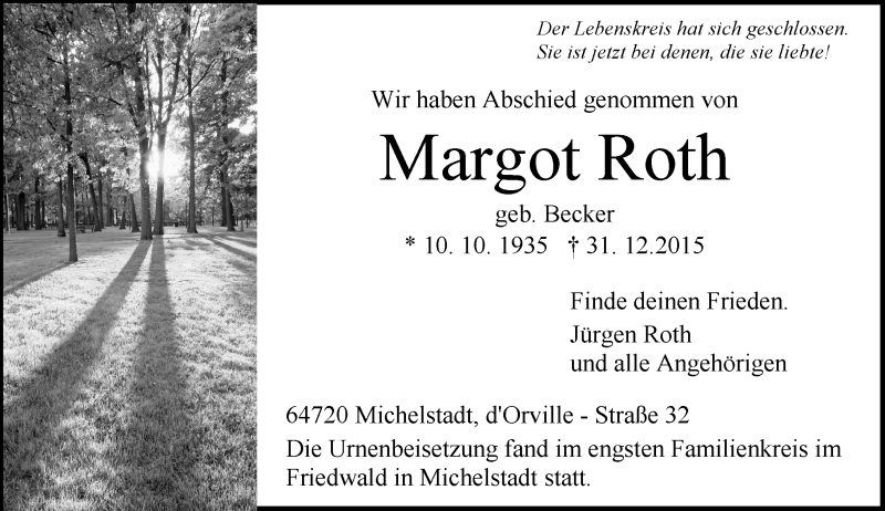  Traueranzeige für Margot Roth vom 16.01.2016 aus trauer.echo-online.de