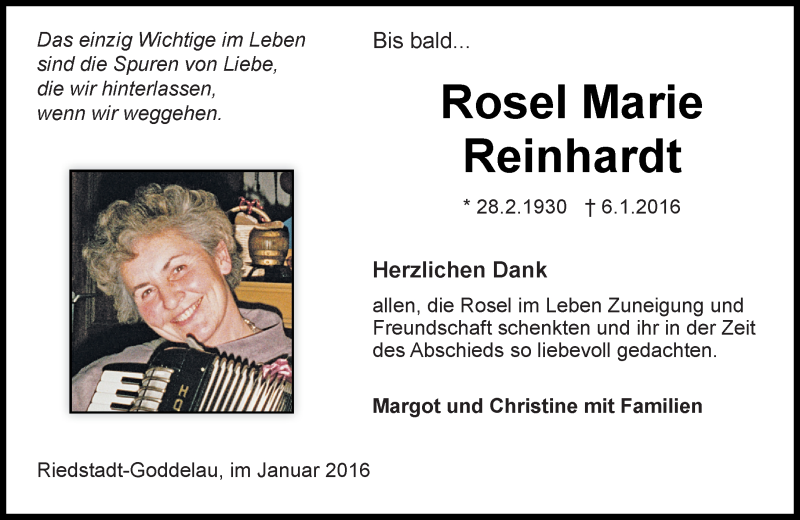  Traueranzeige für Rosel Marie Reinhardt vom 27.01.2016 aus trauer.echo-online.de
