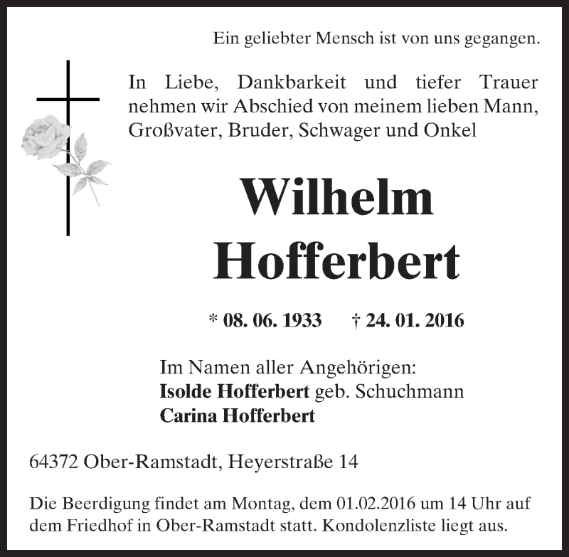  Traueranzeige für Wilhelm Hofferbert vom 29.01.2016 aus trauer.echo-online.de