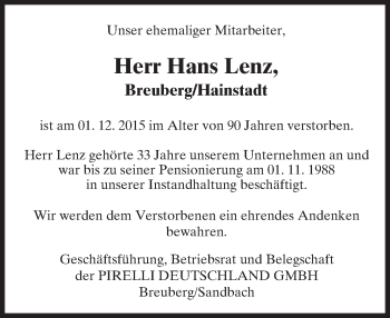 Traueranzeige von Hans Lenz von trauer.echo-online.de