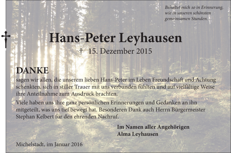  Traueranzeige für Hans-Peter Leyhausen vom 16.01.2016 aus trauer.echo-online.de