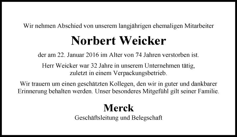  Traueranzeige für Norbert Weicker vom 30.01.2016 aus trauer.echo-online.de