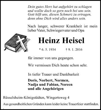 Traueranzeige von Heinz Heisel von trauer.echo-online.de