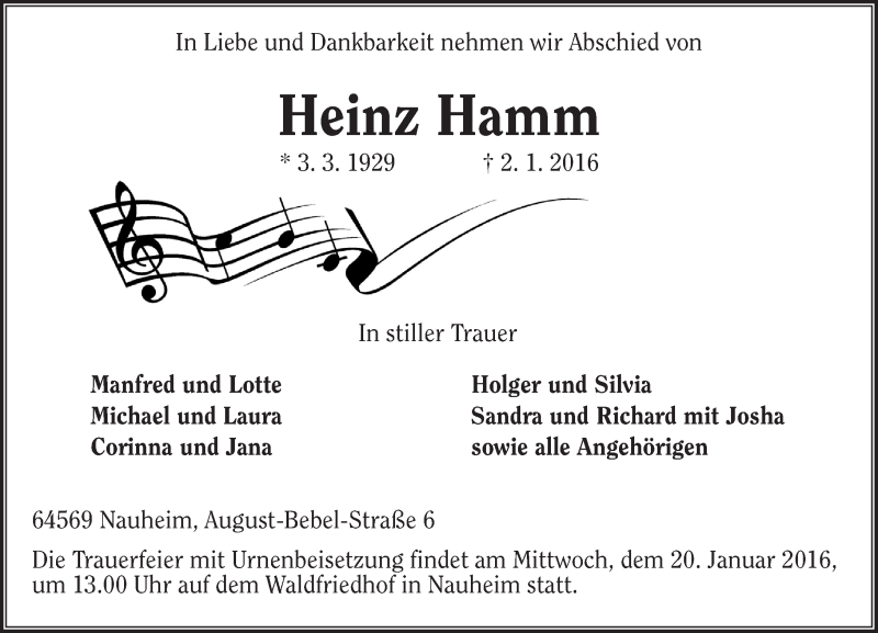  Traueranzeige für Heinz Hamm vom 16.01.2016 aus trauer.echo-online.de