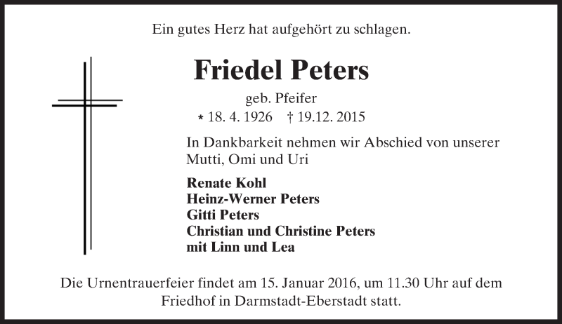  Traueranzeige für Friedel Peters vom 02.01.2016 aus trauer.echo-online.de
