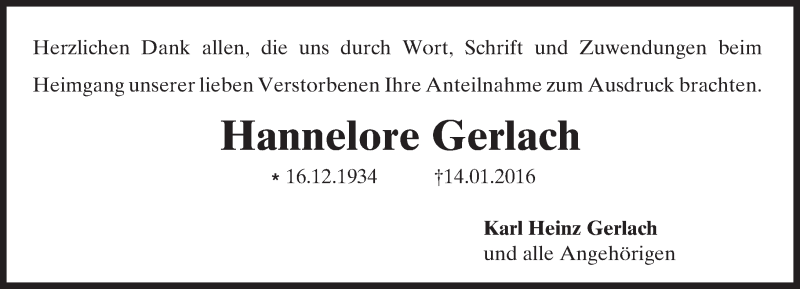  Traueranzeige für Hannelore Gerlach vom 30.01.2016 aus trauer.echo-online.de
