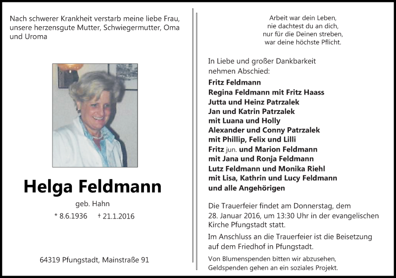  Traueranzeige für Helga Feldmann vom 23.01.2016 aus trauer.echo-online.de