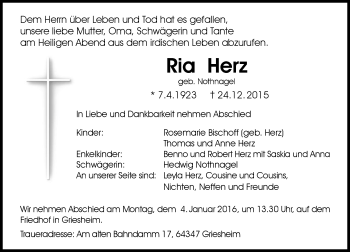 Traueranzeige von Ria Herz von trauer.echo-online.de