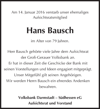 Traueranzeige von Hans Bausch von trauer.echo-online.de