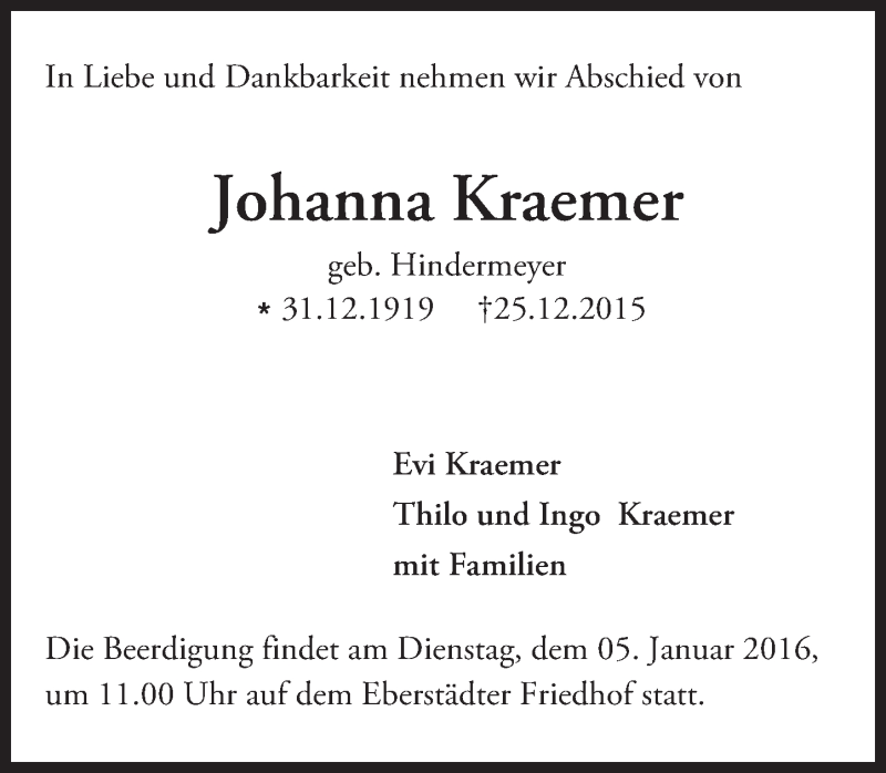  Traueranzeige für Johanna Kraemer vom 02.01.2016 aus trauer.echo-online.de