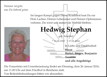 Traueranzeige von Hedwig Stephan von Darmstädter Echo