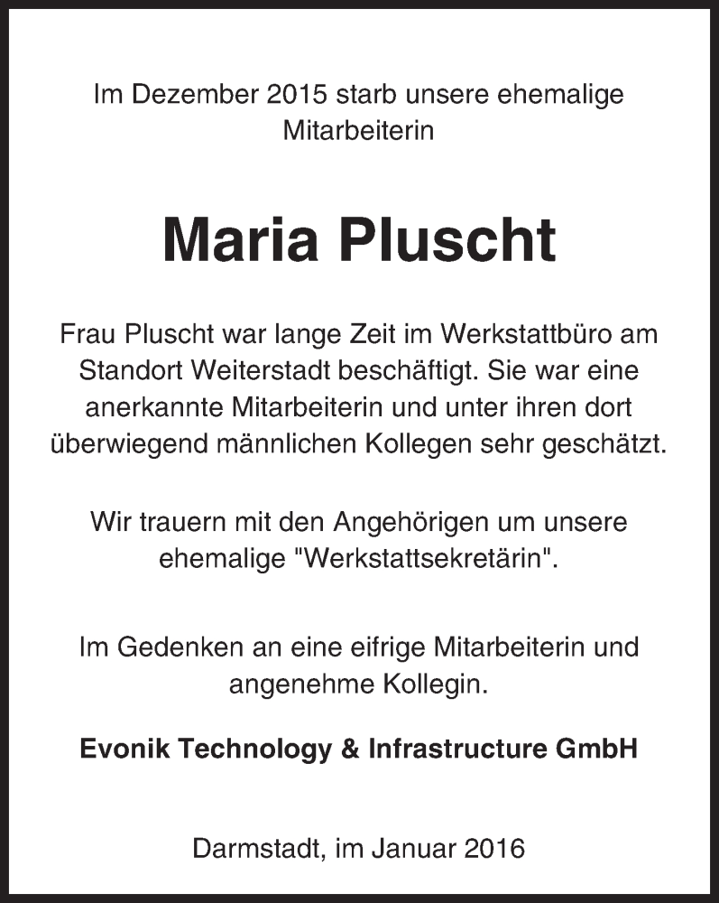  Traueranzeige für Maria Pluscht vom 16.01.2016 aus trauer.echo-online.de
