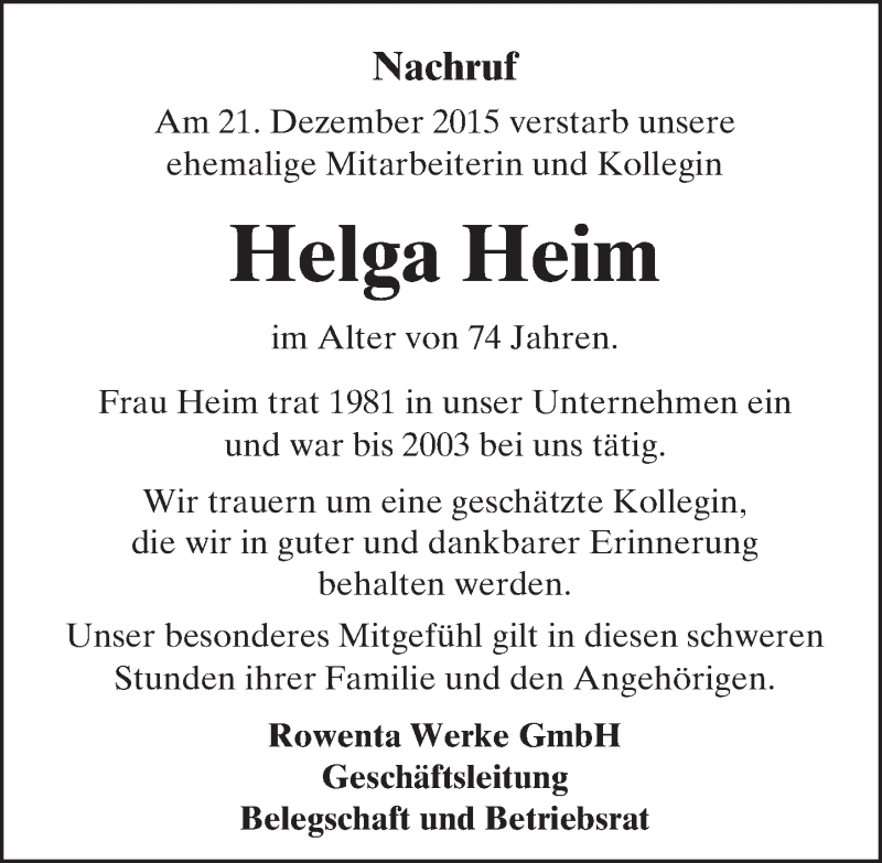  Traueranzeige für Helga Heim vom 08.01.2016 aus trauer.echo-online.de