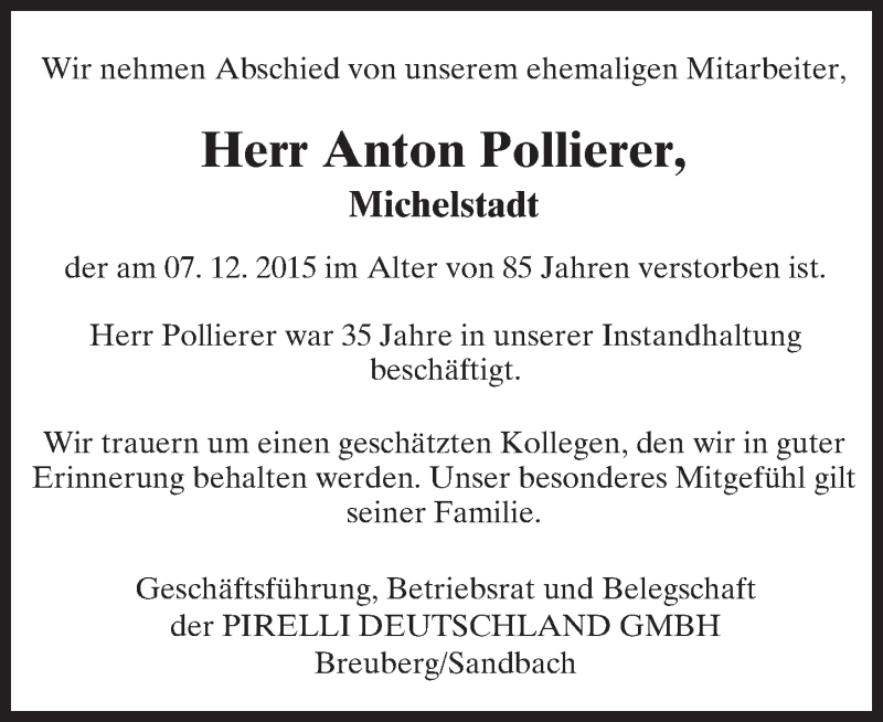  Traueranzeige für Anton Pollierer vom 29.01.2016 aus trauer.echo-online.de