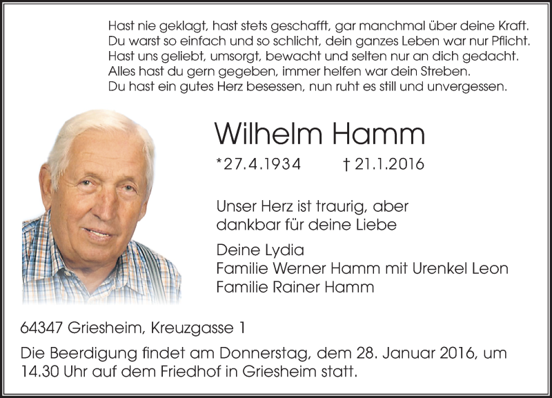  Traueranzeige für Wilhelm Hamm vom 26.01.2016 aus trauer.echo-online.de