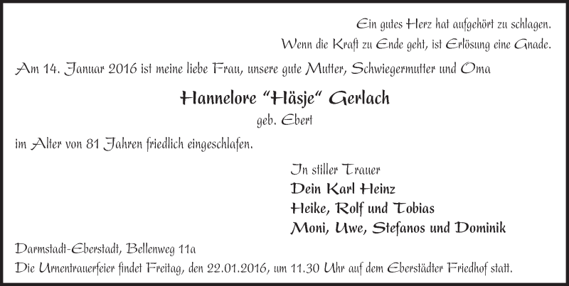  Traueranzeige für Hannelore Gerlach vom 18.01.2016 aus trauer.echo-online.de