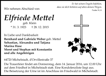 Traueranzeige von Elfriede Mettel von trauer.echo-online.de