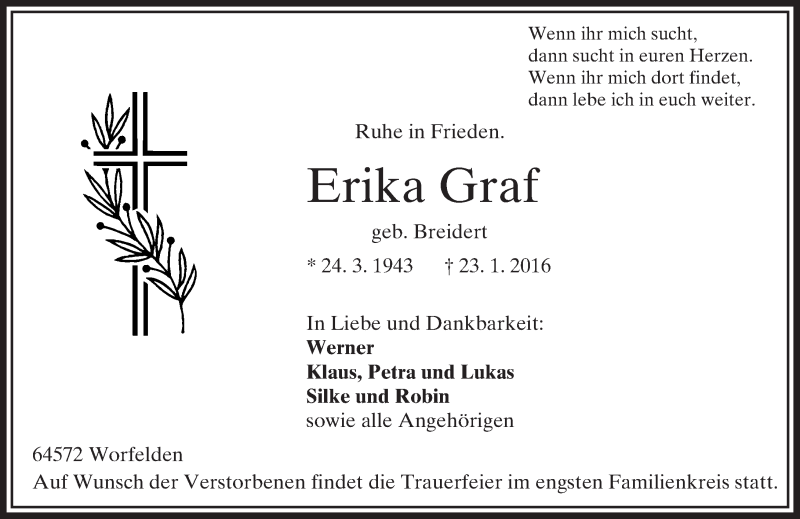  Traueranzeige für Erika Graf vom 26.01.2016 aus trauer.echo-online.de