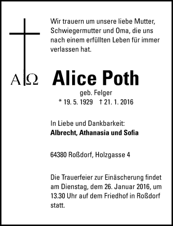 Traueranzeige von Alice Poth von trauer.echo-online.de
