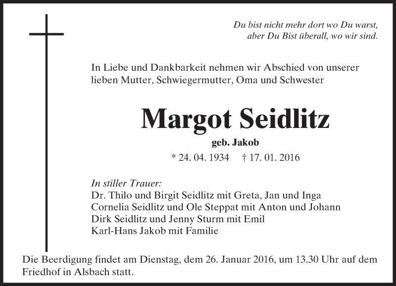  Traueranzeige für Margot Seidlitz vom 23.01.2016 aus trauer.echo-online.de