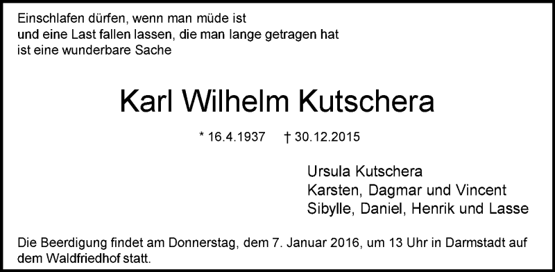  Traueranzeige für Karl Wilhelm Kutschera vom 05.01.2016 aus trauer.echo-online.de