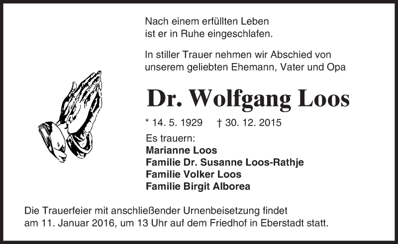 Traueranzeige für Wolfgang Loos vom 06.01.2016 aus trauer.echo-online.de