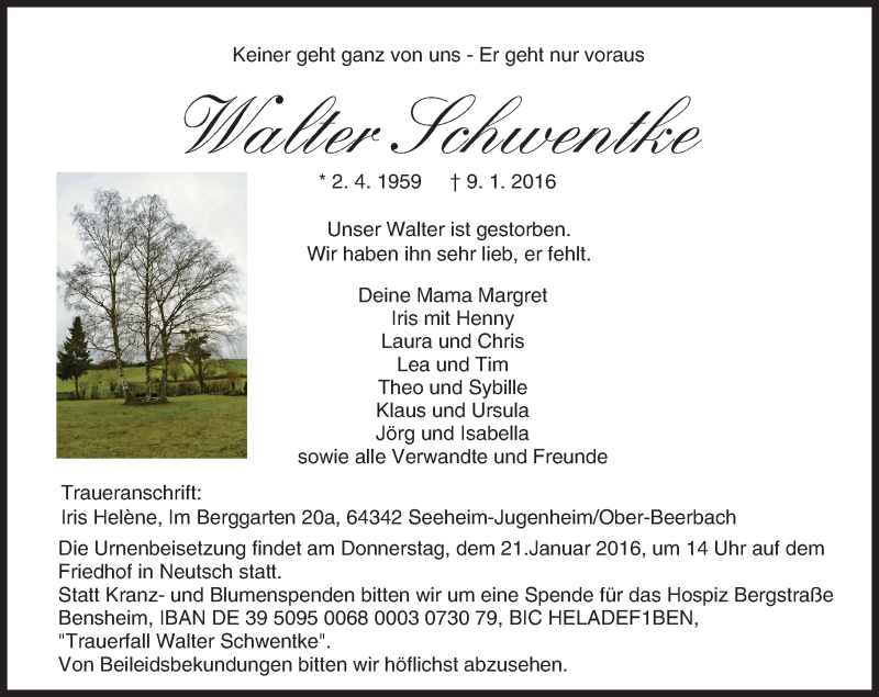  Traueranzeige für Walter Schwentke vom 16.01.2016 aus trauer.echo-online.de
