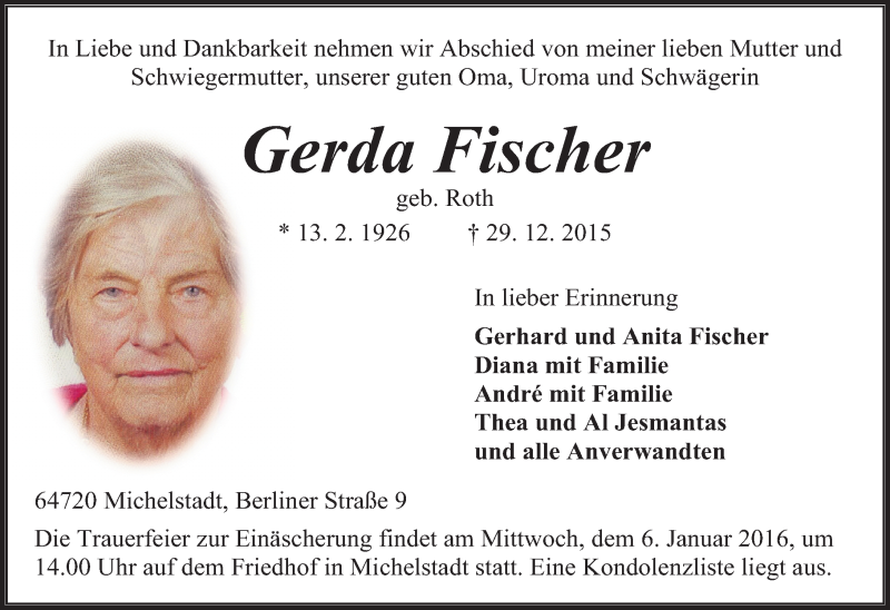  Traueranzeige für Gerda Fischer vom 04.01.2016 aus trauer.echo-online.de