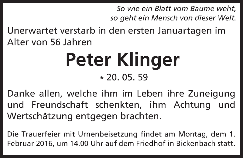  Traueranzeige für Peter Klinger vom 30.01.2016 aus trauer.echo-online.de