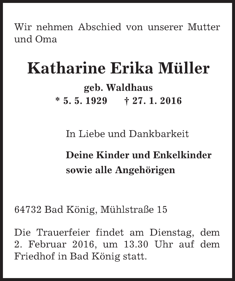 Traueranzeige für Katharine Erika Müller vom 30.01.2016 aus trauer.echo-online.de