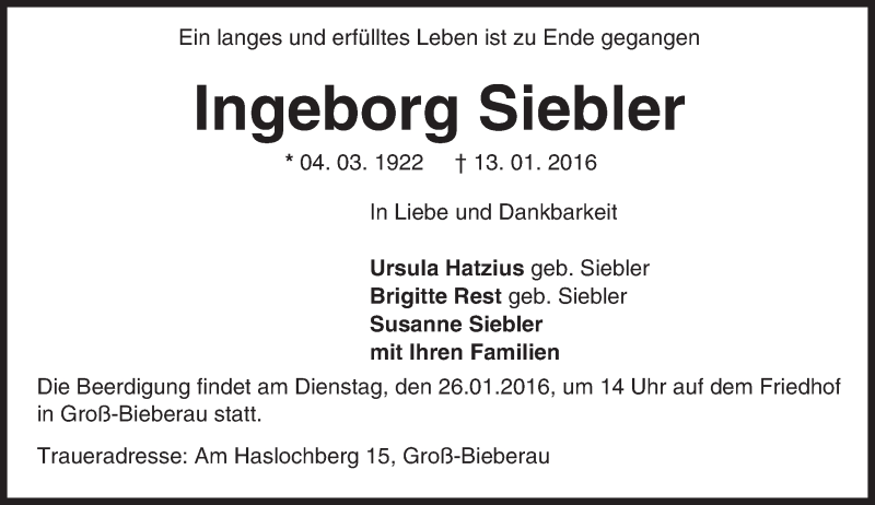  Traueranzeige für Ingeborg Siebler vom 16.01.2016 aus trauer.echo-online.de