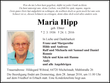 Traueranzeige von Maria Hipp von trauer.echo-online.de