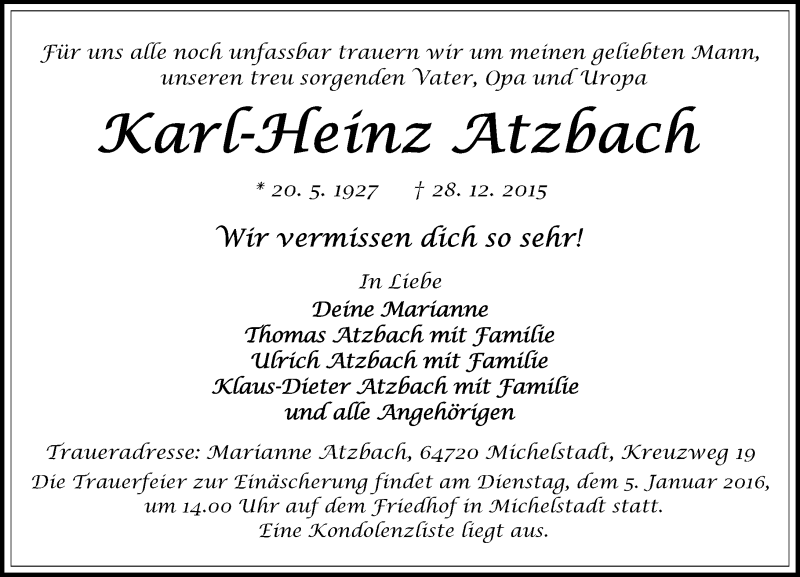  Traueranzeige für Karl-Heinz Atzbach vom 02.01.2016 aus trauer.echo-online.de