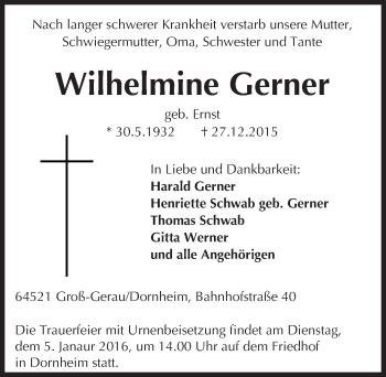 Traueranzeige von Wilhelmine Gerner von trauer.echo-online.de