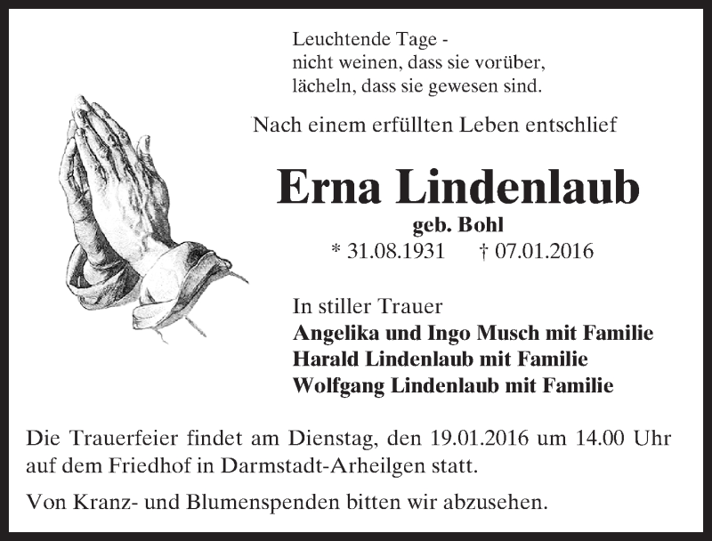  Traueranzeige für Erna Lindenlaub vom 16.01.2016 aus trauer.echo-online.de
