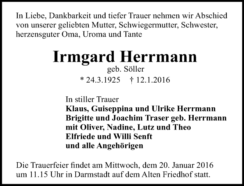  Traueranzeige für Irmgard Herrmann vom 16.01.2016 aus trauer.echo-online.de