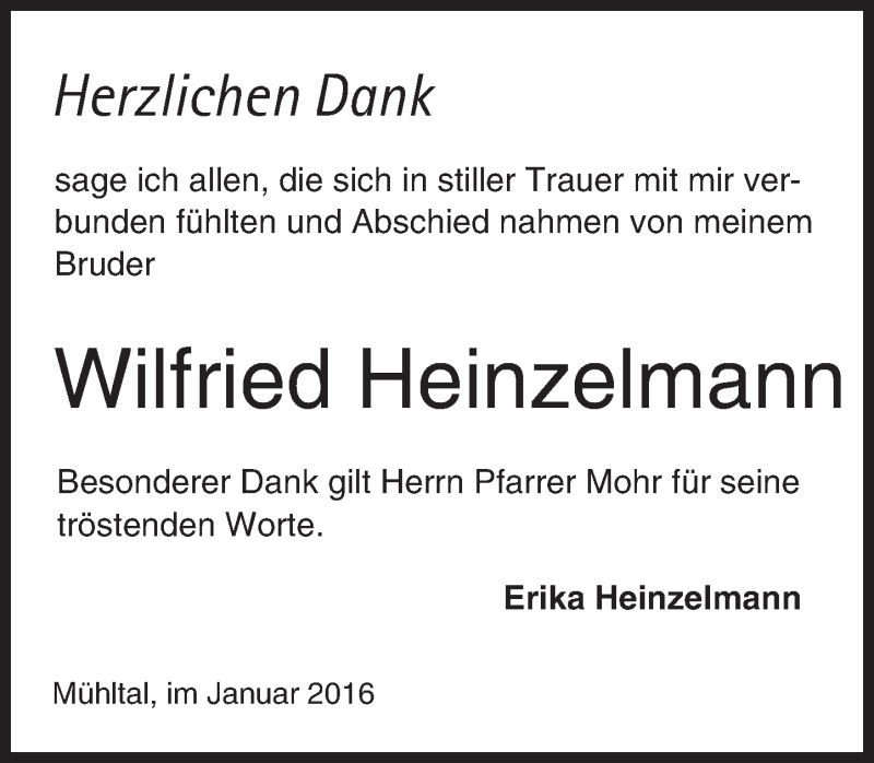  Traueranzeige für Wilfried Heinzelmann vom 30.01.2016 aus trauer.echo-online.de