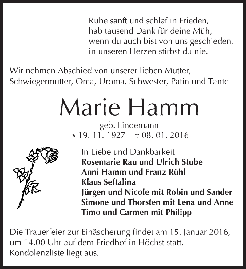  Traueranzeige für Marie Hamm vom 13.01.2016 aus trauer.echo-online.de