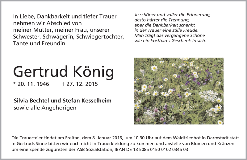  Traueranzeige für Gertrud König vom 05.01.2016 aus trauer.echo-online.de