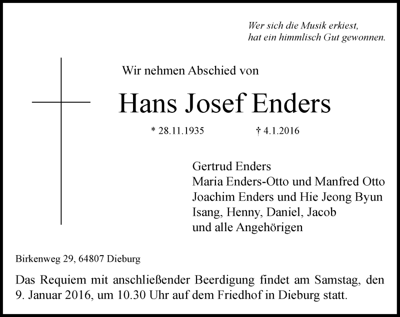  Traueranzeige für Hans Josef Enders vom 06.01.2016 aus trauer.echo-online.de