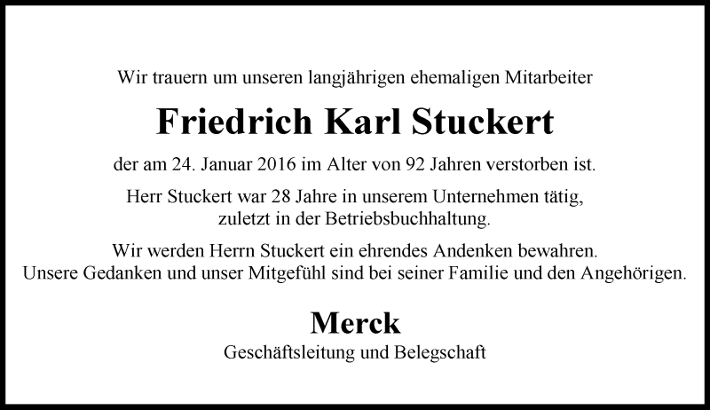  Traueranzeige für Friedrich Karl Stuckert vom 28.01.2016 aus trauer.echo-online.de