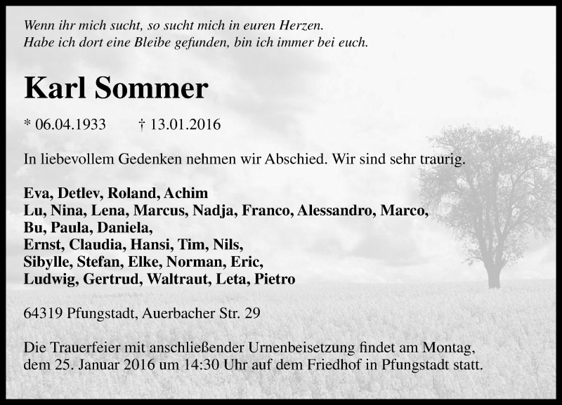  Traueranzeige für Karl Sommer vom 23.01.2016 aus trauer.echo-online.de