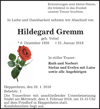 Traueranzeige von Hildegard Gremm von trauer.echo-online.de