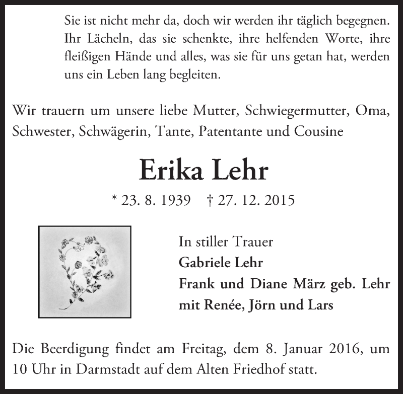  Traueranzeige für Erika Lehr vom 02.01.2016 aus trauer.echo-online.de