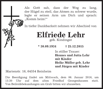 Traueranzeige von Elfriede Lehr von trauer.echo-online.de